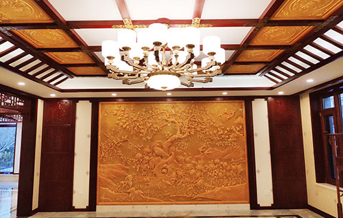 中和镇中式别墅客厅中式木作横梁吊顶装饰展示